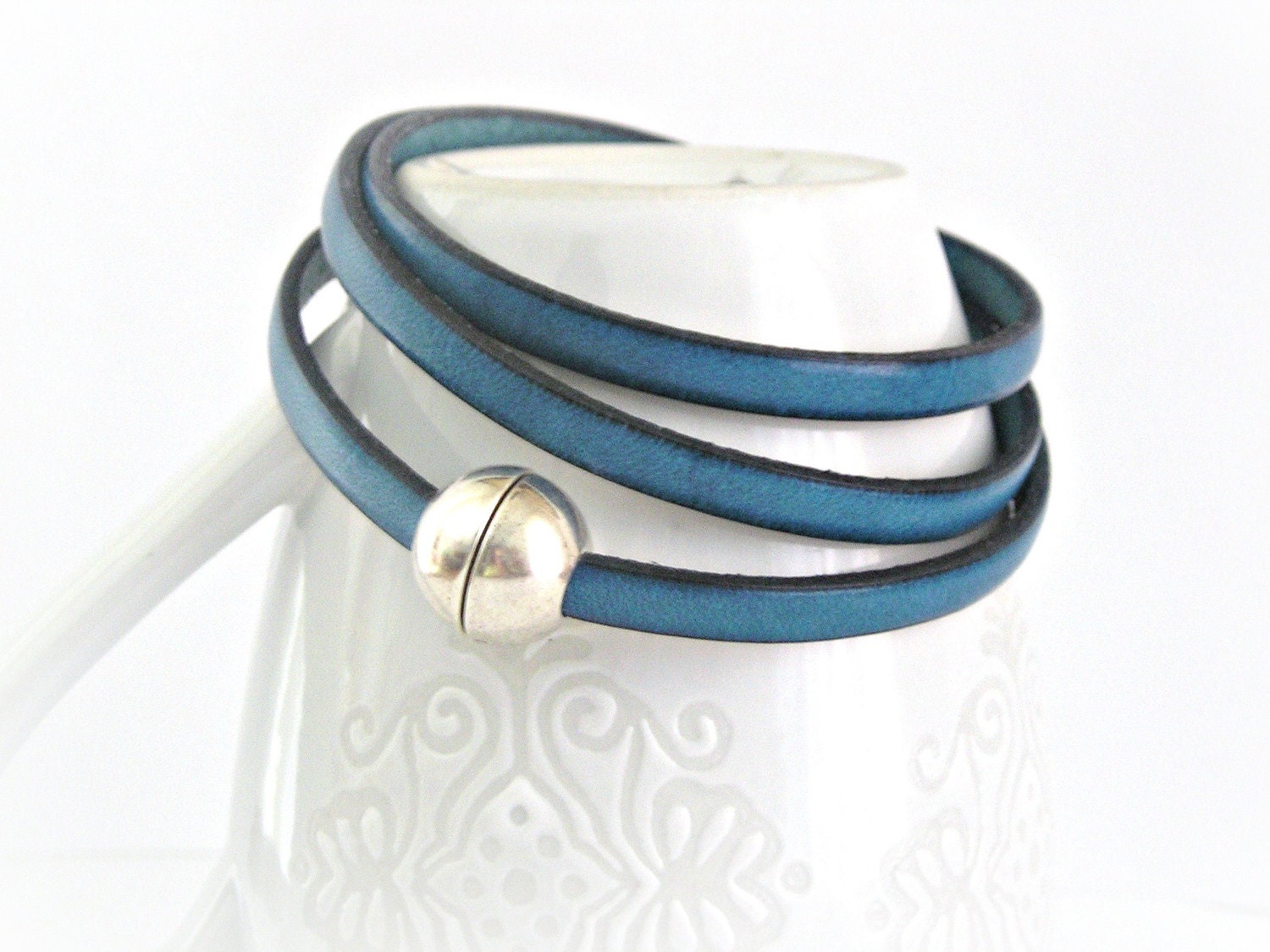 Dark turquoise blue triple wrapped leather bracelet with sphere magnetic clasp