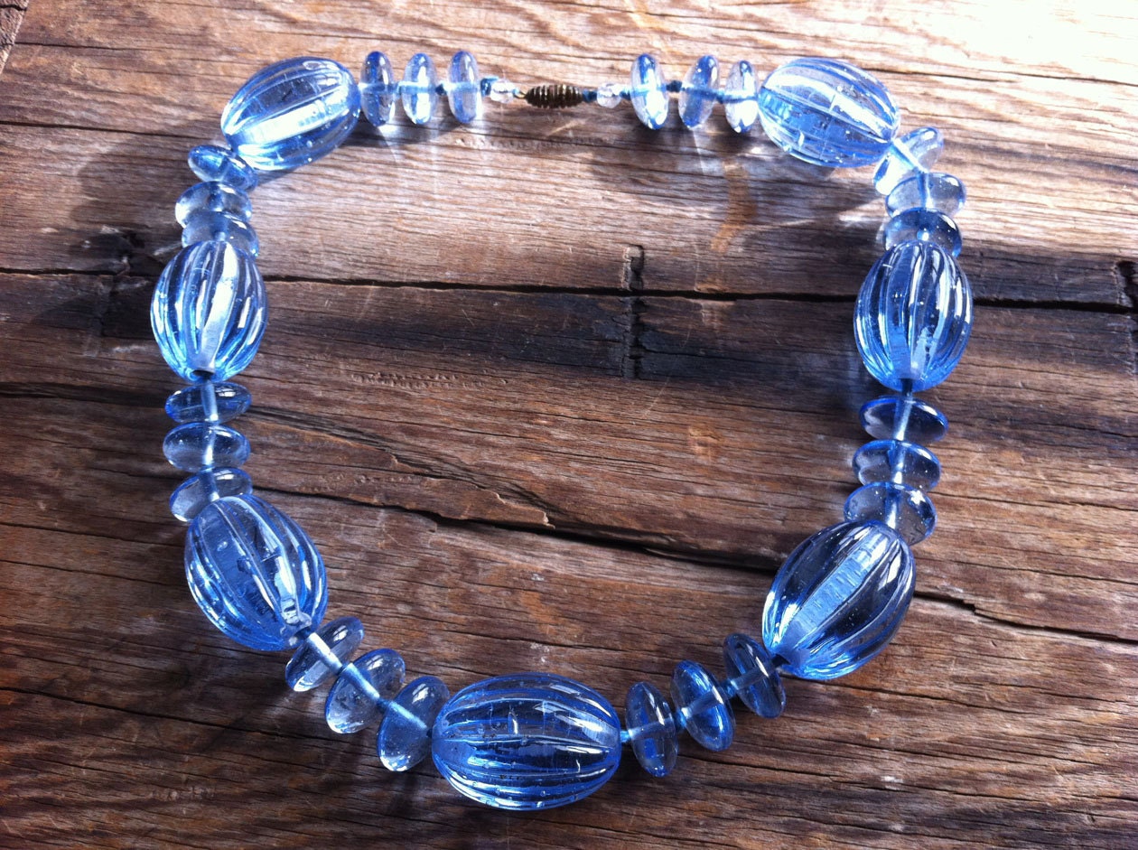 antique 30s blue glass necklace / 1930s jewelry / LOUISE