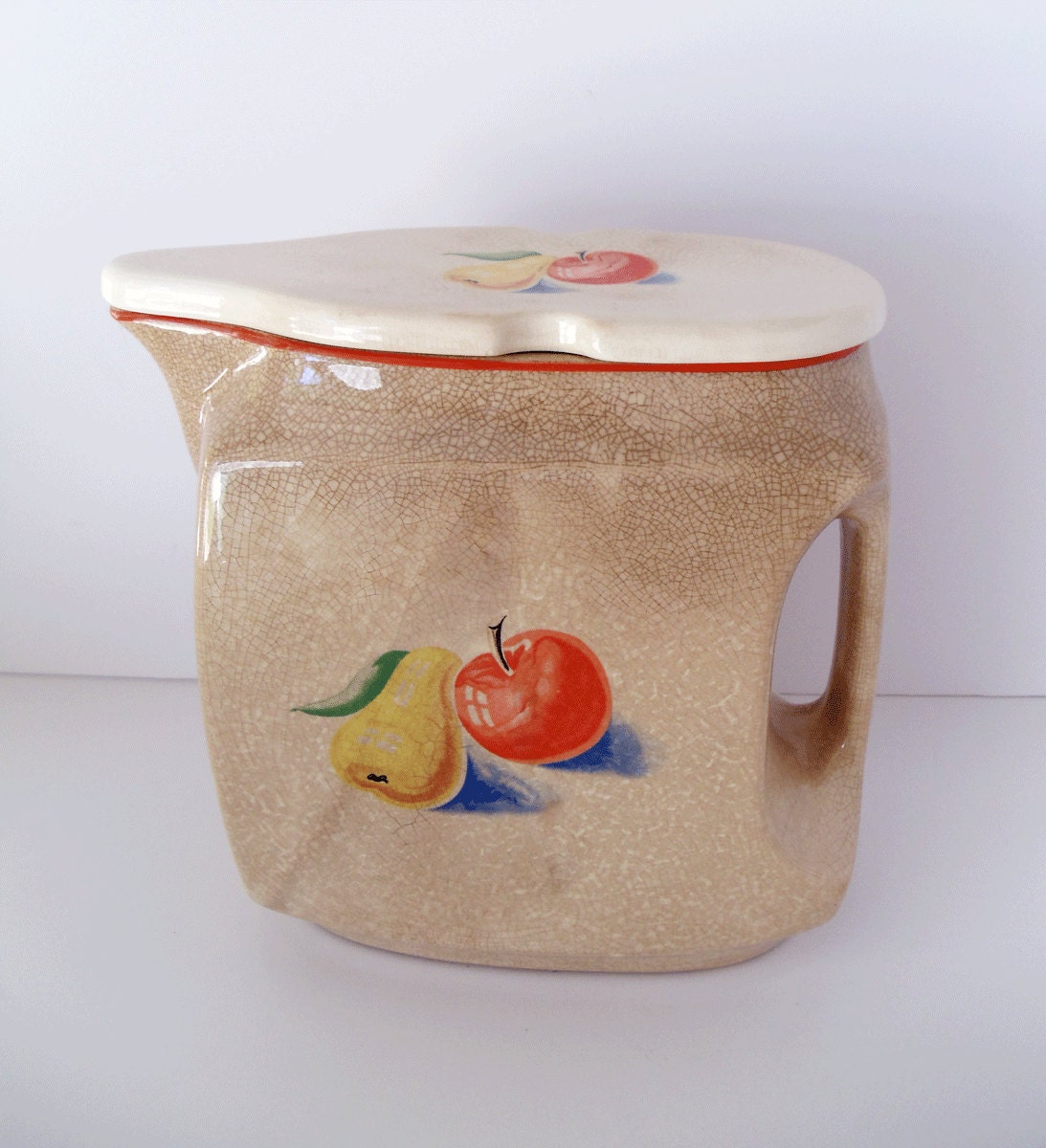 Vintage Harker Pottery Pitcher with Lid - Red Apple/Yellow Pear Design - Houseware Collectible - Country Chic