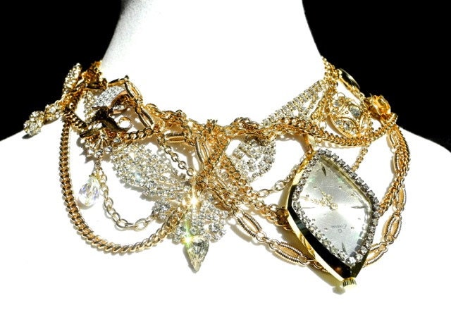 Statement Necklace, Antique Rhinestones, Vintage Watches, Wedding Jewelry by dabchickvintagegems on Etsy
