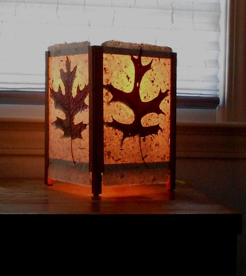 Large Modern Natural Hand Made Paper Light with Mocha Brown Scarlet Oak Leaves Series 150