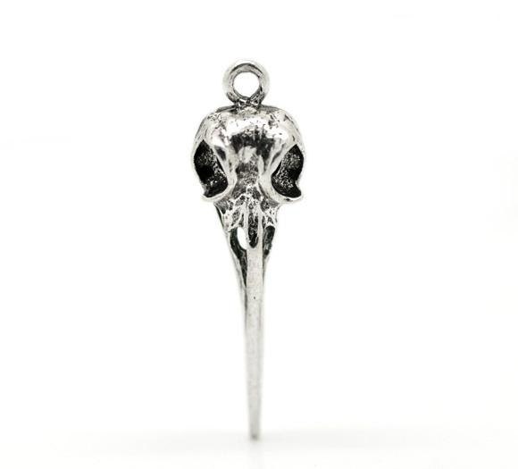 5 Bird Skull Charms Antique Silver