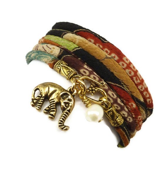 Lucky Gold Elephant Wrap Bracelet made with Japanese Chirimen Cord, yoga jewelry, wrapped wrapping bracelet, wrap around