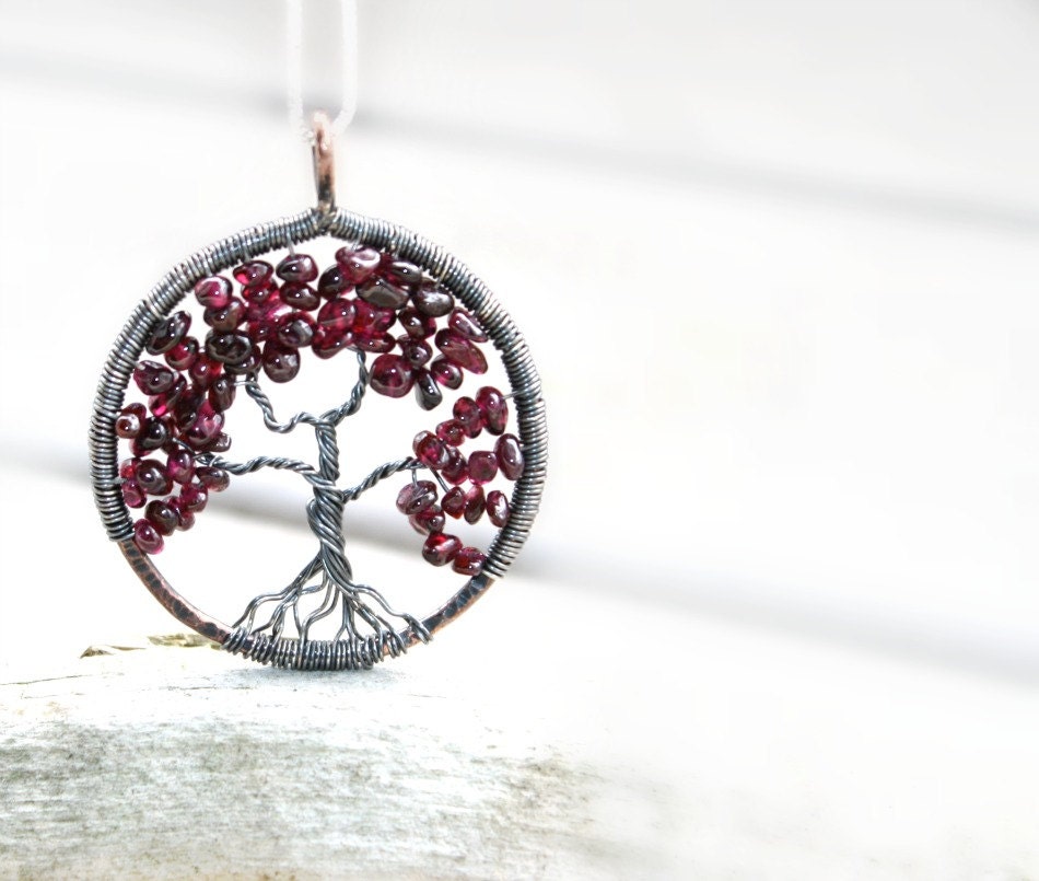 Garnet  Tree Of Life Necklace----January Birthstone, Family Tree, Lineage, Mothers Gift, Nature, Woodland, Burgundy, Rustic