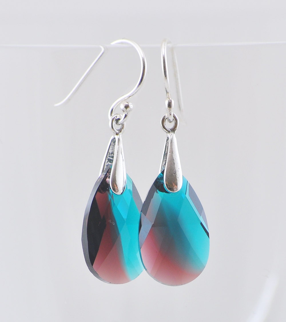 Colorful Faceted Briolette Earrings, Swarovski Crystal Earrings, Teardrop, Drop, Dangle, Sterling Silver, Bright Blue Zircon, Burgundy Red
