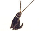Black Cat with Rhinestone Collar on Brass Necklace - Womens Jewelry, Ladies, Fun Fashion, Brass Chain, Bling, Cats, Kitties, Halloween