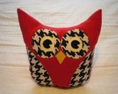 Cute Plush Owl Stuffed Animal Pillow - Red with Houndstooth - Unique Toy, Decor, Decoration, Gift