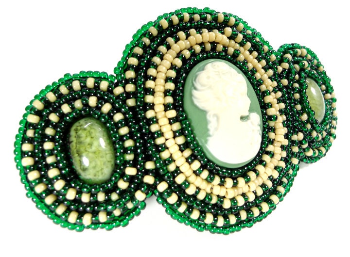 Cream and Emerald Green Cameo Beaded Barrette Hair Accessory - MegansBeadedDesigns