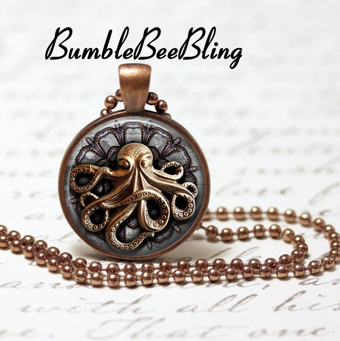 Art Pendant - Steampunk Octopus Pendant Necklace -Antique Copper Bezel Pendant - Steampunk Jewelry - Octopus Necklace