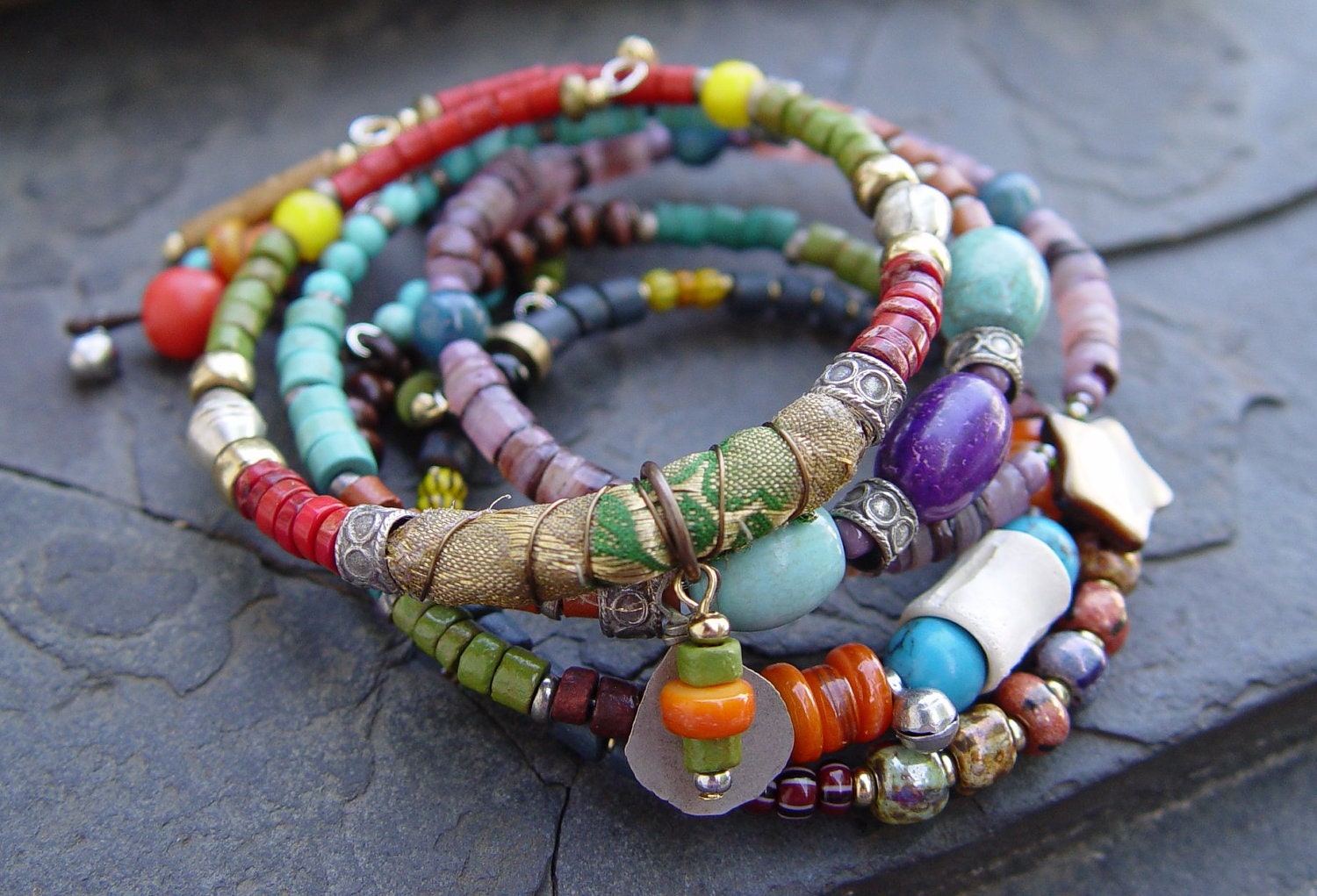 Boho Bangle Bracelet Set - African Trade Beads, Shell, Howlite, Sari Silk, Chima Clay Mummy Beads, Kitsch Metal