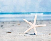 SALE Beach Photography- Blue Beach Decor, White, Summer Photograph, Starfish Decor,  Ocean, Water,  Bokeh, Nautical Summer