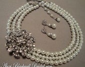 Complete Bridal Pearl Necklace Bracelet Earrings Set-Rhinestone Brooch focal in 3 strands of glass pearls bridal wedding jewelry sets