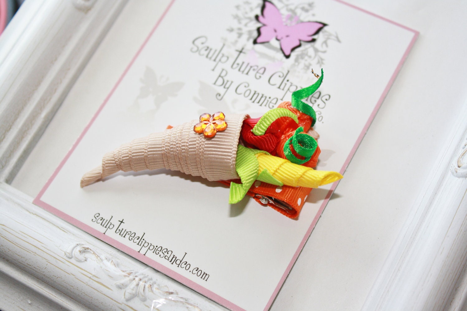 Sculpture Clippies' Cornucopia Ribbon Sculpture Bow. Pumpkin, Goblin, Ghost. Thanksgiving Bow.