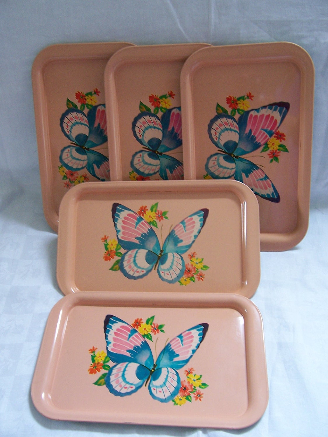 Vintage Pink Butterfly Metal Serving Trays - Shabby Chic -  Five in Lot