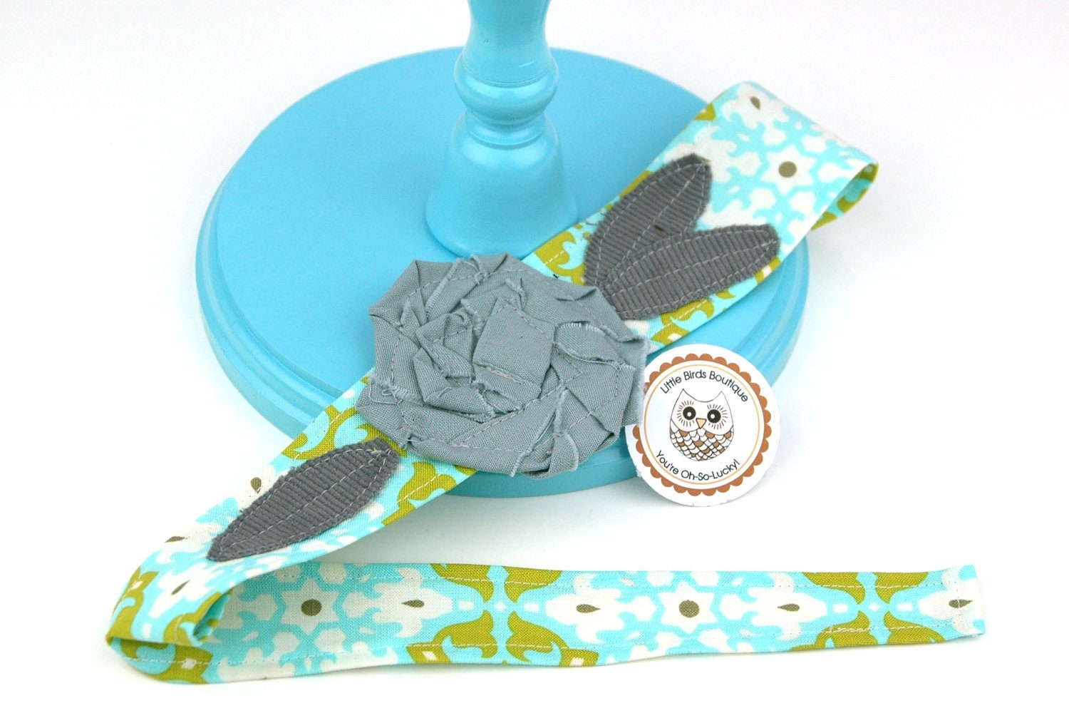Adult or Child Fabric Headband Head Wrap, Tie, Sash, with Rose Flower in Amy Butler Mosaic in Olive, Daisy Chain