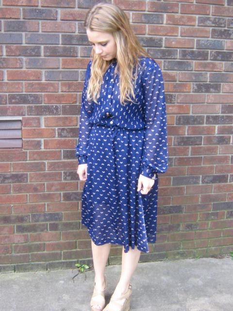 Vintage navy and tan sheer pleated macaroni dress