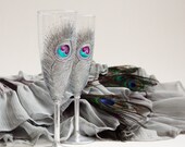 Silver Peacock Design Champagne Flutes Hand Painted Set of 2 Wedding Glasses