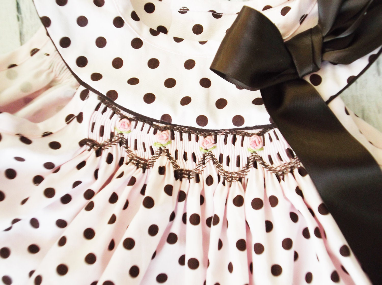 Modern swing style Girls Pink and Chocolate Brown Polka dot Hand Smocked dress and panties