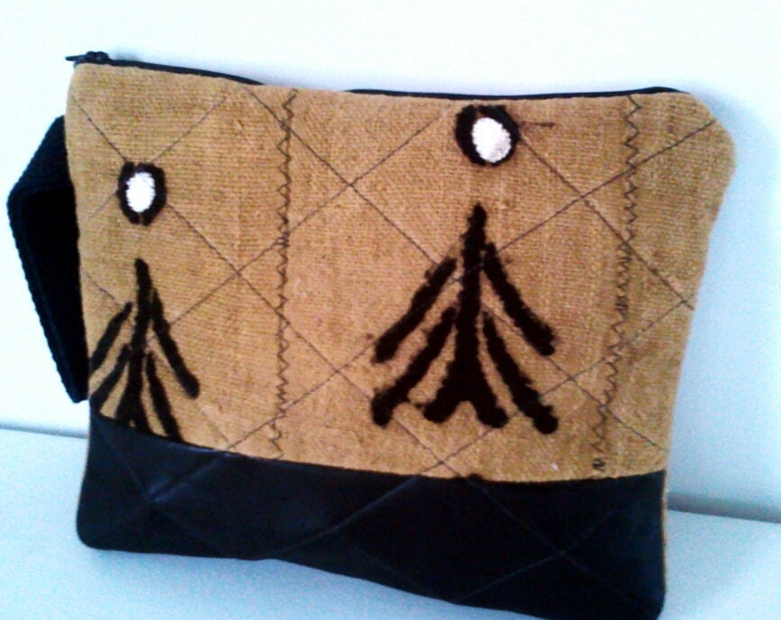 Mudcloth and Leather Clutch Wristlet