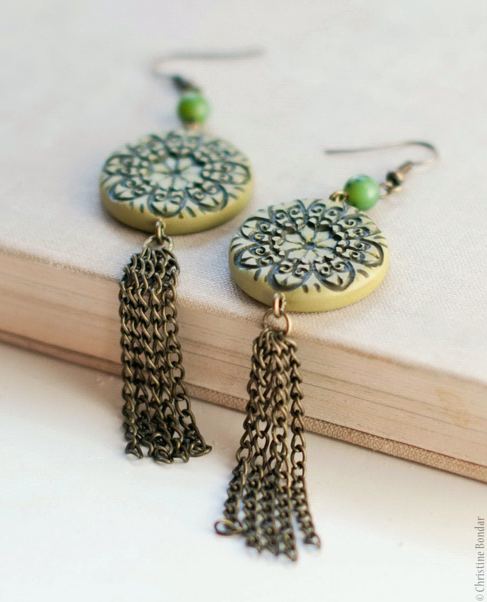 Olive Green Long Chain Earrings - Boho Jewelry, Fall Fashion