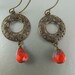 Earrings, Under Ten Dollars, Bright Red Glass Teardrop Dangle, Vintaj Brass Filigree and Earwires