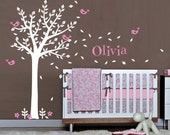 Baby Nursery Vinyl Wall Decals, One Color Tree and Birds with Custom Name Wall Decal Set