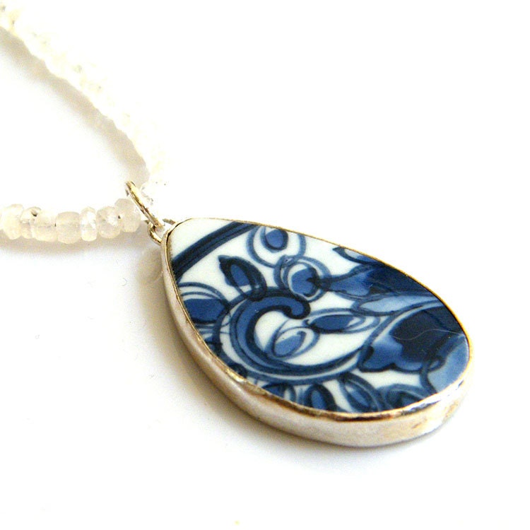 Rainbow Moonstone and Pottery Shard Necklace