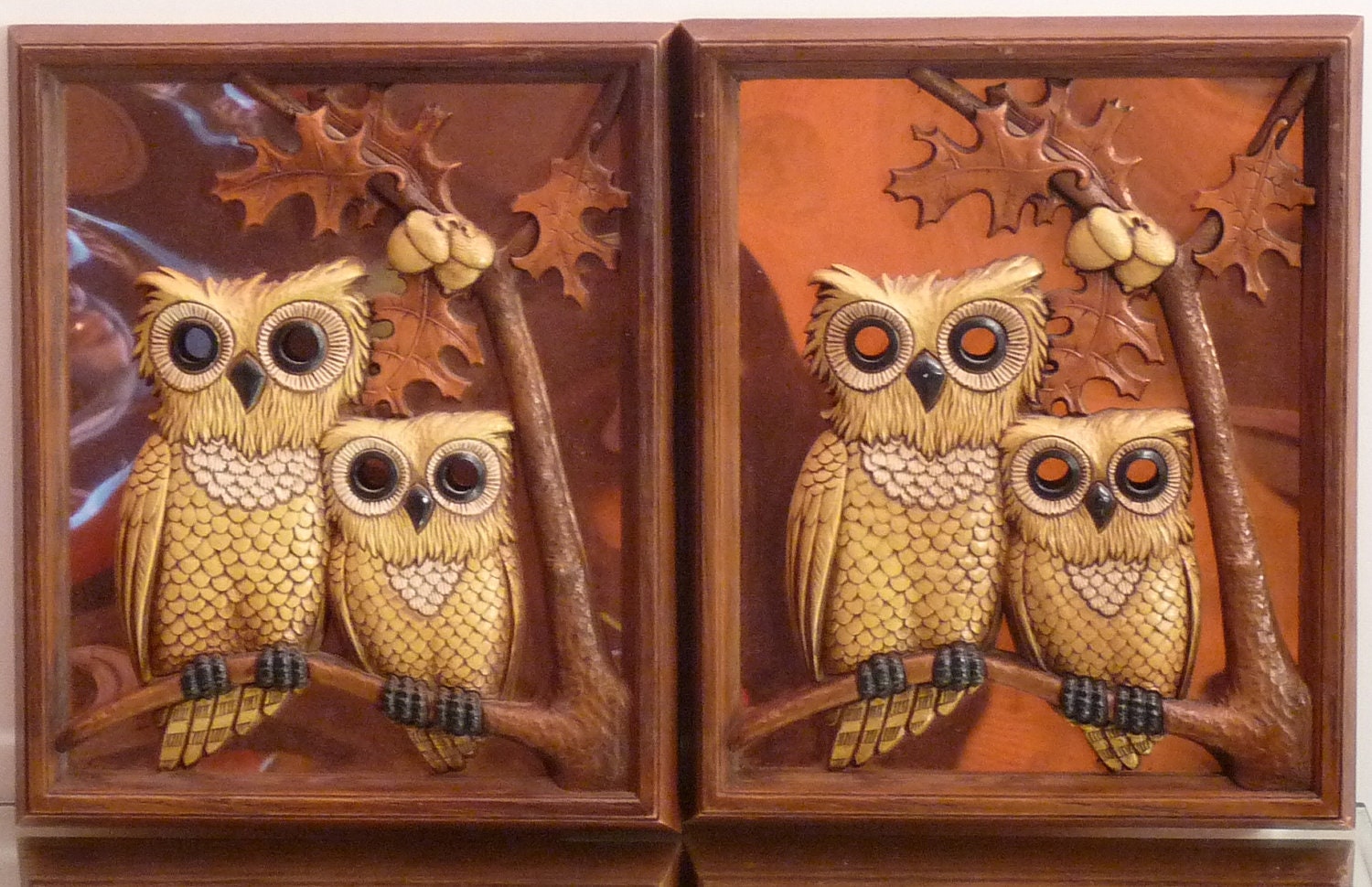 Pair of Vintage Framed Molded Plastic Owls on Tree Copper Art