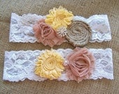 Burlap bridal garter set wedding garters burlap shabby chic cottage wedding