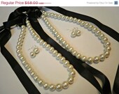 SALE Set of Two Pearl Necklace and Earrings with Ribbon in Black Wedding Jewelry Bridesmaid Jewelry Bridesmaid gifts Black Necklace Bride