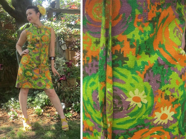 1960s Shift Dress - Orange, Lime & Purple Bark Cloth