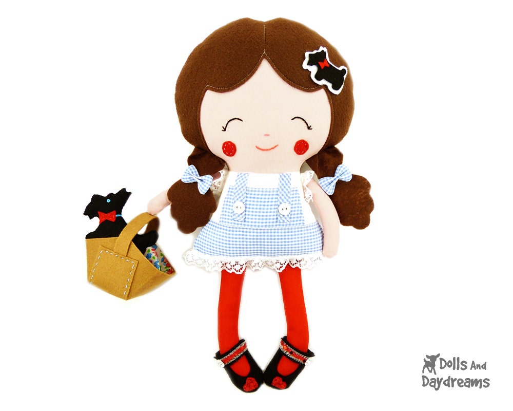 Dorothy Doll Sewing Pattern Wizard of Oz Stuffed Toy DIY - Felt Toto dog softie, Basket and Shoes included