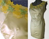 Vintage Yellow Silk Rose Dress - Italian Designer Fashion Bombshell Giulia Carla Cecchi 90s 50s Satin Wiggle Evening Dress Party Prom Dress