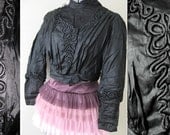 Antique Victorian Black Silk Lady's Corset Blouse Soutache Squiggle - Downton Abbey Elegant 1800 Top Steampunk Goth Costume Shirt Lace XS S