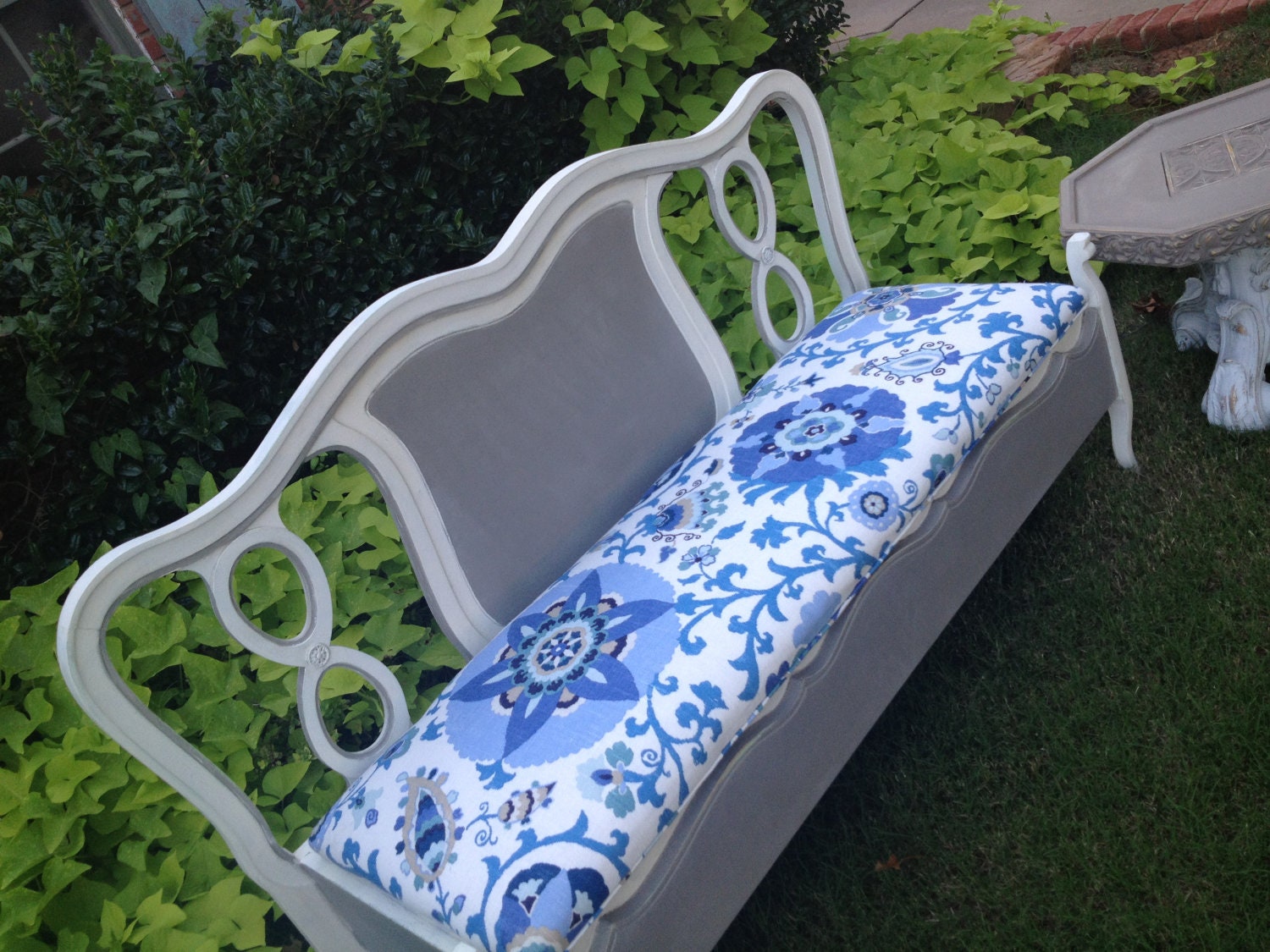 French Bench Suzani Fabric Painted White Gray