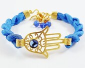 Stacking Bracelet Olympian Blue Hamsa - Hand of Fatima Blue Silk - Azure / Gold