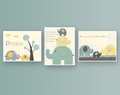 Nursery Art Decor, Kids Print, gender neutral nursery art, baby Elephant... set of 3 8x10..gray, yellow, turquoise, aqua