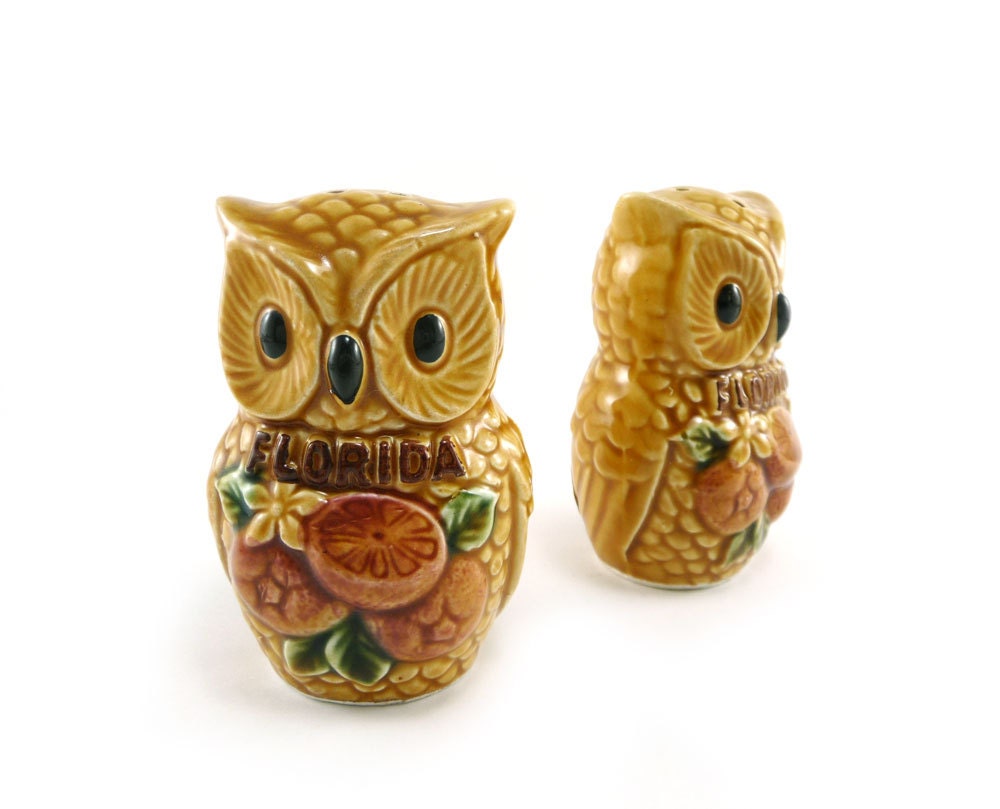 Honey gold Owl salt and pepper shakers - vintage collectible florida souvenir