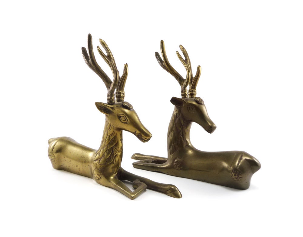 Vintage brass deer figurines - pair of gold reindeer animal statues