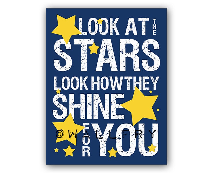 Song lyric typography for kids wall art. Look at the stars print nursery artwork. Custom colors available navy and blue 5x7 print by WallFry