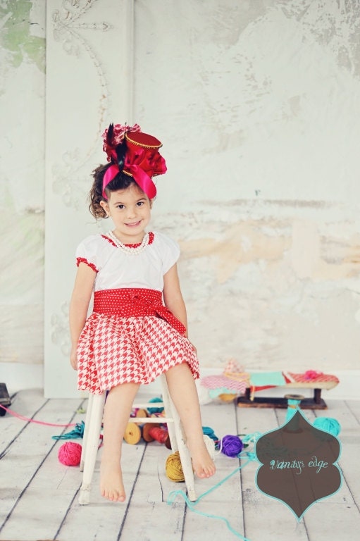 Girls Peasant Dress -  Red Houndstooth - Size 3T -  Ready to Ship