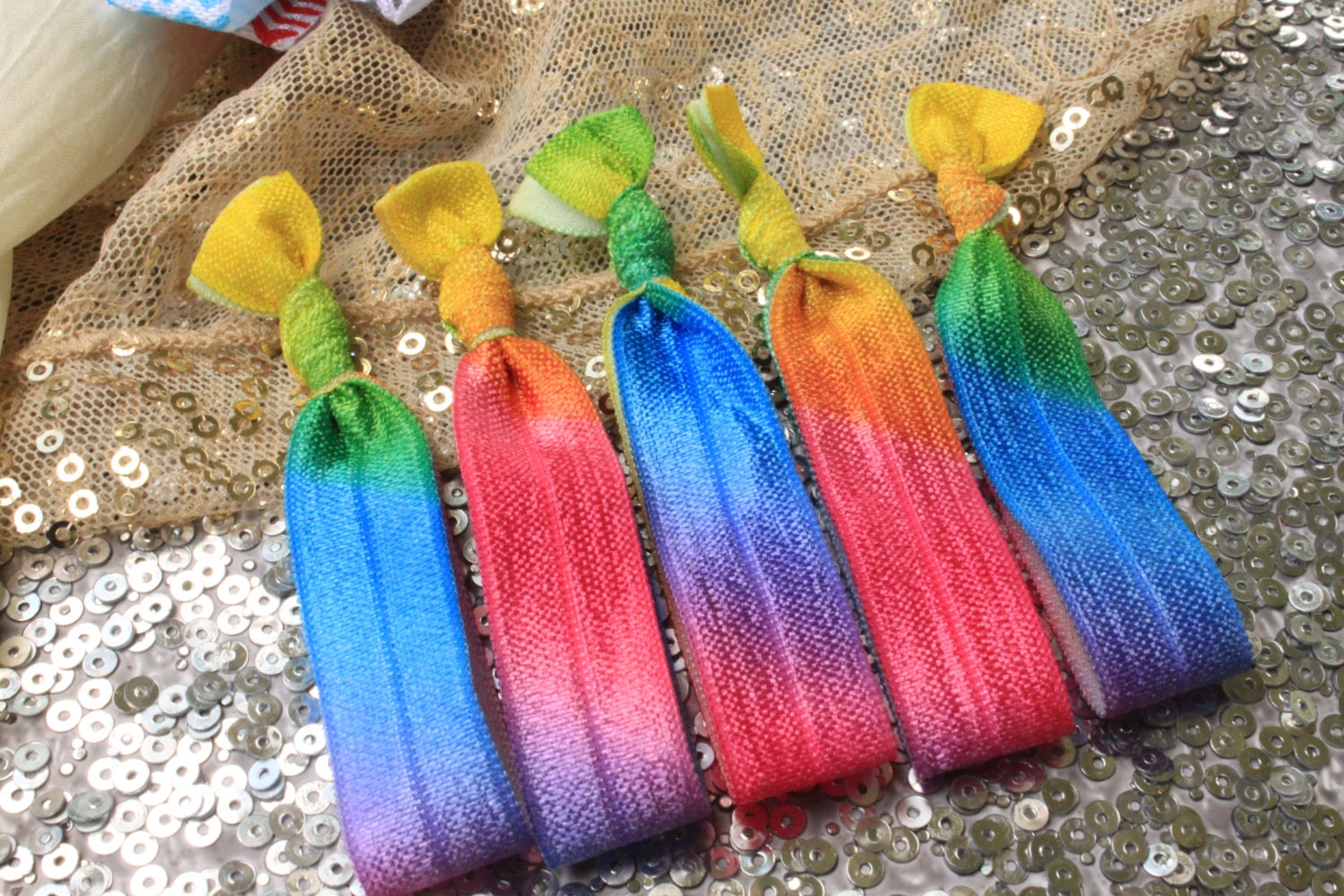 Rainbow Hair Ties Set of 5. Tie Dye Hair Ties. Girls Hair Ties. Ponytail holder. Made to Order