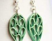 Fall Fashion Leaf Earrings in green with metallic green edge made by Paper Quilling Eco Friendly Earrings / Artisan Jewelry