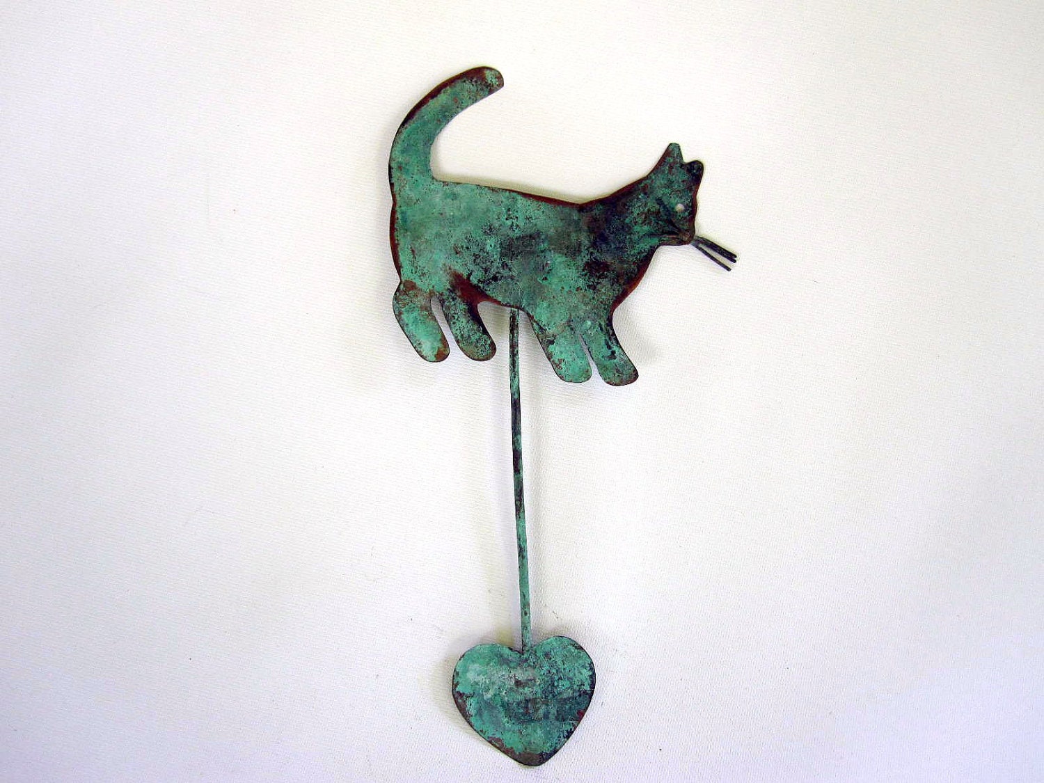 Turquoise Cat Sculpture - Aqua Kitty with Heart - Wall Hanging Kitty Cat Decor