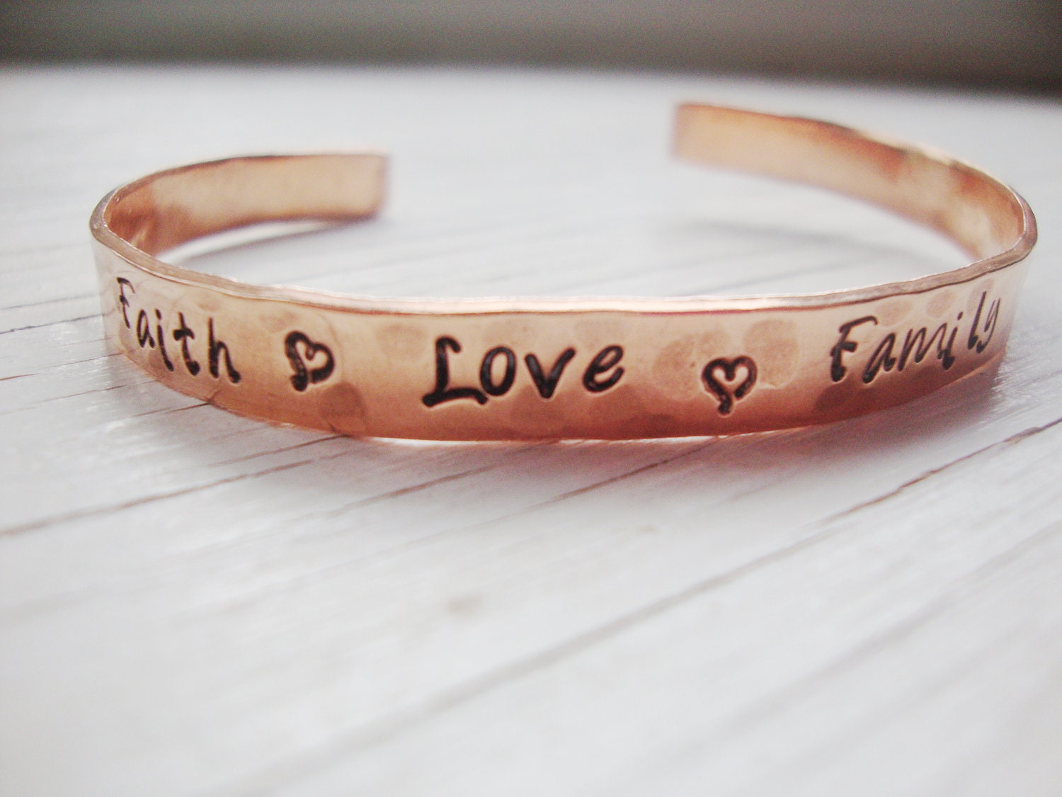 Stunning copper cuff handstamped with faith love family