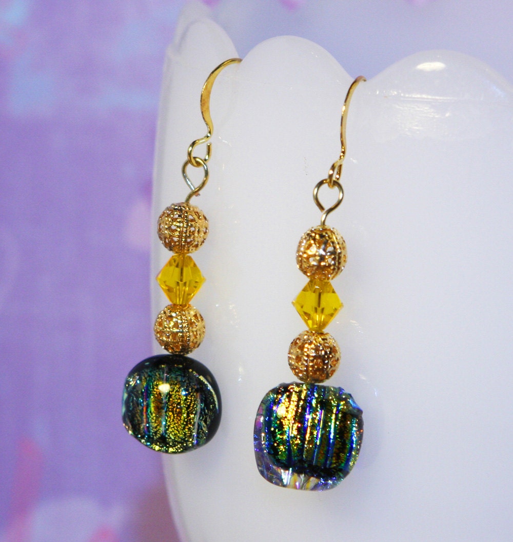 Yellow Striped Dichroic Glass Earrings