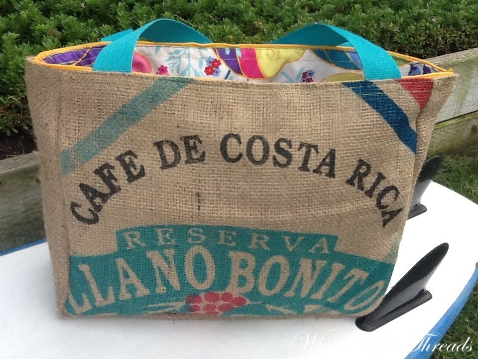 Costa Rica Eco-Friendly Zippered Market Tote - Handmade from a Recycled Coffee Sack