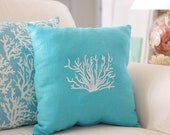 Beach Decor Turquoise Blue, Throw Pillow, Linen Coral Embroidered 16x16 Pillow