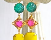 Vintage Bright Yellow Octagon Glass Stones Fuchsia Pink Purple Emerald Green Gold Tone Etched Glass Drop Dangle Earrings - Statement, Bridal