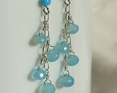 Wire Wrapped Sky Blue Chalcedony abd Turquoise Dangle Earrings in Sterling Silver